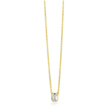 ZINZI gold plated zilveren collier 45cm met een rechthoekige gladde kastzetting (9mm), bezet met een witte zirkonia ZIC2899