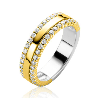 ZINZI goldplated zilveren multi-look ring drie banen, buitenste bezet met witte zirconia's ZIR2445YC