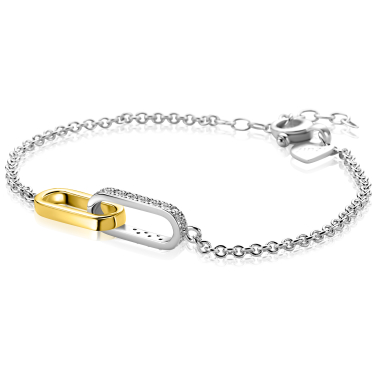 ZINZI zilveren schakelarmband met twee verbonden ovale schakels: ene gold plated, ander bezet met witte zirkonia's ZIA2758