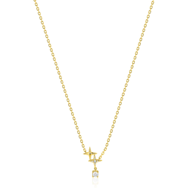 ZINZI goldplated zilveren ketting 45cm 'sterrendans' met twee speelse sterren en bungelende witte zirkonia ZIC2837