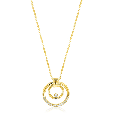 ZINZI goldplated zilveren ketting 45cm met elegante dubbele ronde hanger (24mm) speels bezet met witte zirkonia's ZIC2819