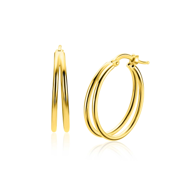 24mm ZINZI gold plated zilveren multi-look oorringen met dubbele buis. Met gemakkelijke bovensluiting ZIO2858G