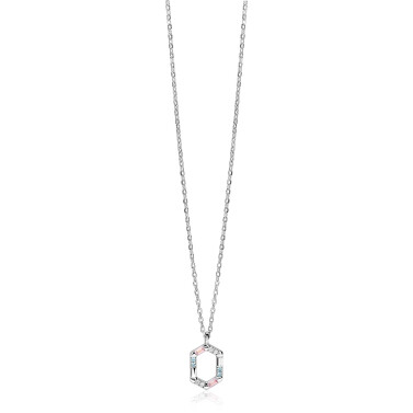 ZINZI zilveren ketting met zeshoekige hanger (18mm) bezet met witte, roze en lichtblauwe kleurstenen 42-45cm ZIC2868
