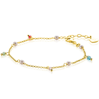 ZINZI gold plated zilveren armband met witte parels en bungelende beads (5,5 mm) in frisse kleuren 17-20cm ZIA2705G