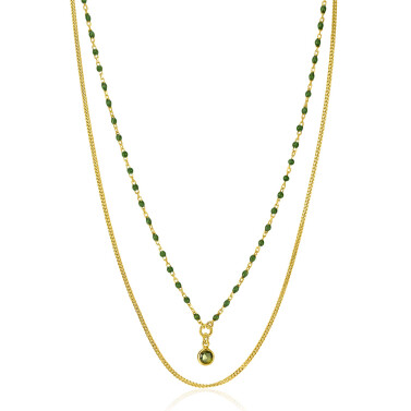ZINZI gold plated zilveren multilook ketting met gourmet en groene bolletjes schakels, ronde zetting met olijfgroene kleursteen 42-45cm ZIC2528G