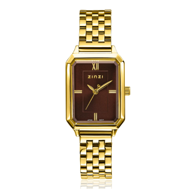 ZINZI Allure horloge 30mm achthoekige kast, bruine wijzerplaat, geelgoudkleurige stalen kast en band, Japans uurwerk ZIW2536
