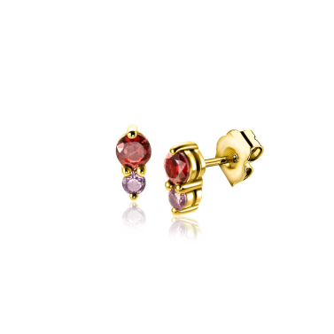 6,5mm ZINZI gold plated zilveren oorknoppen ronde chatonzettingen rood granaat en paarse kleurstenen ZIO2563