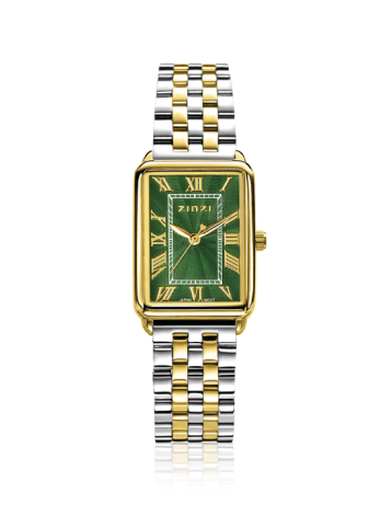 ZINZI Elegance horloge groene wijzerplaat en rechthoekige kast stalen bicolor schakelband 28mm extra dun ZIW1935
