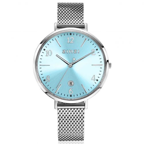 ZINZI horloge SOPHIE ice blue wijzerplaat met datum, stalen kast 38mm, stalen mesh band 14mm ZIW1445
