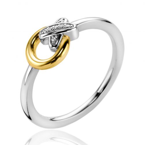 ZINZI zilveren bicolor ring rond met kruisvorm bezet met witte zirconia's ZIR2249