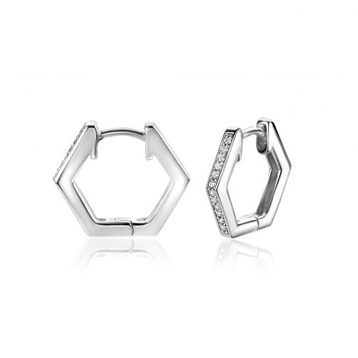 15mm ZINZI zilveren oorringen in leuke hexagon vorm bezet met witte zirconia's, met luxe klapsluiting 15x2mm ZIO2433