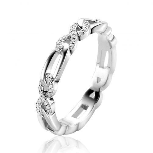 ZINZI zilveren ring met infinity vormen bezet met witte zirconia's en verbonden met gladde ovale schakels ZIR2570
