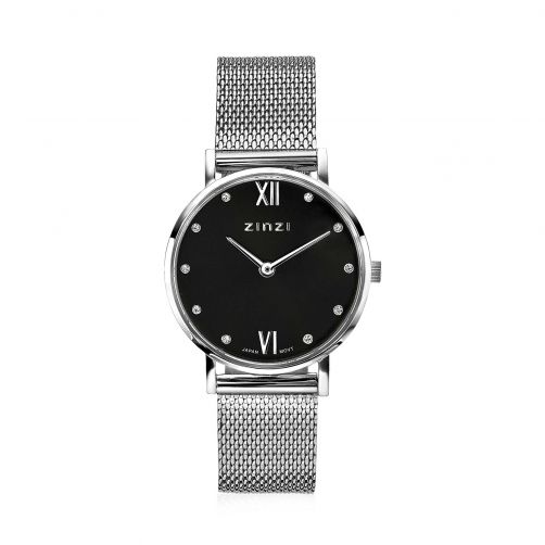 ZINZI Lady Crystal horloge zwarte wijzerplaat en kast stalen mesh band, witte crystals bij uuraanduiding, 28mm extra dun ZIW629M
