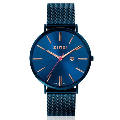 ZINZI Retro horloge blauw gekleurde wijzerplaat met rosé wijzers en blauwe stalen mesh band 38mm extra dun ZIW414M