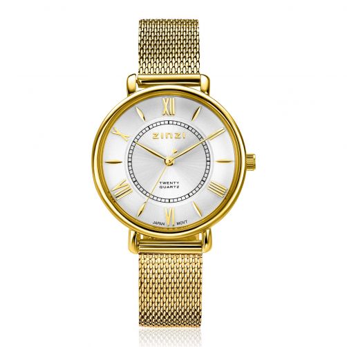 ZINZI Twenty horloge met zilverkleurige wijzerplaat, geelgoudkleurige kast 34mm en stalen meshband ZIW2033