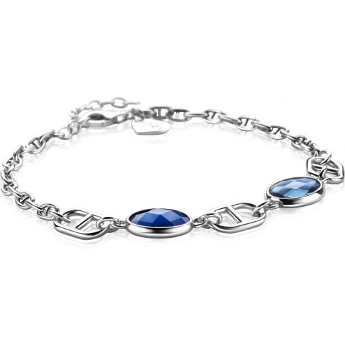 ZINZI zilveren schakelarmband met de populaire marine schakel en twee ovale zettingen bezet met blauwe en lichtblauwe kleurstenen 16,5-19,5cm ZIA-BF90