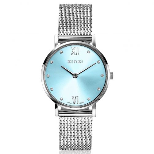 biografie Postcode tennis ZINZI Lady Crystal horloge ice blue wijzerplaat en kast stalen mesh band,  witte crystals bij uuraanduiding,