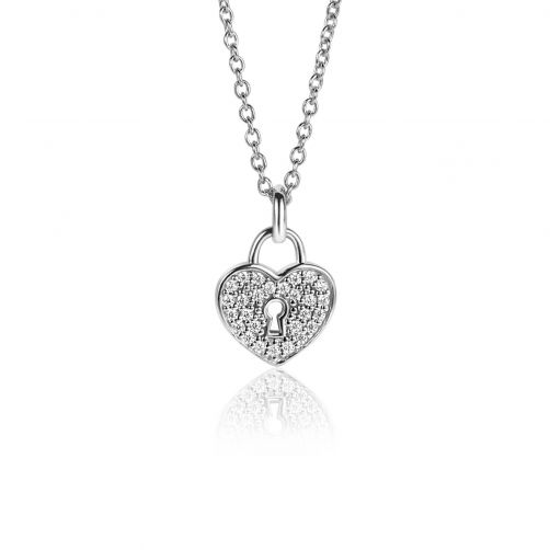 ZINZI zilveren hart hanger (15mm), met trendy sleutelgat en bezet met witte zirconia's ZIH2400 (zonder collier)