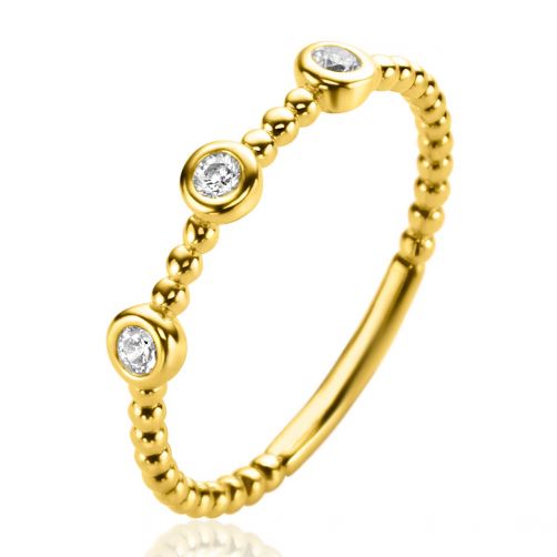 ZINZI Gold 14 krt gouden ring met bolletjes scheen en bezet met drie ronde witte zirconia's in bolletjes zetting van 3mm ZGR309