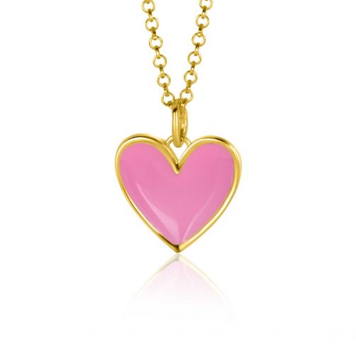 ZINZI gold plated zilveren hanger hart 15mm met roze emaille ZIH2314R