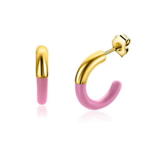 ZINZI gold plated zilveren trendy oorsieraden 16mm half emaille roze ZIO2315R