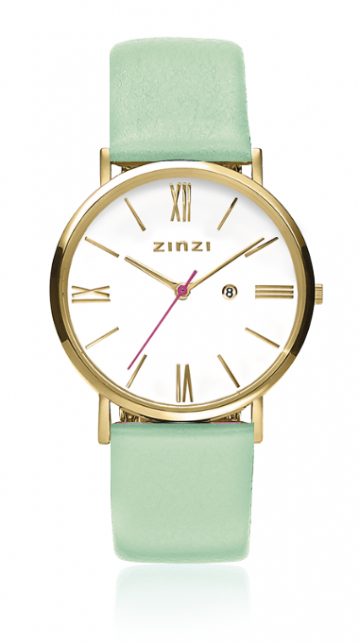 ZINZI Roman horloge 34mm witte wijzerplaat geelgoudkleurig stalen kast en mintgroene leren band ZIW507MG