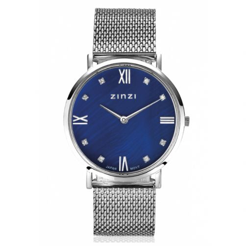 ZINZI Roman horloge donkerblauwe parelmoer wijzerplaat, witte zirconia's bij uuraanduiding, stalen mesh band 34mm extra dun ZIW546M
