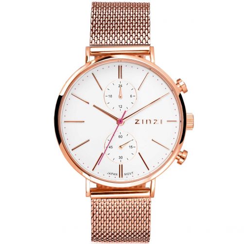 ZINZI Traveller horloge witte wijzerplaat en roségoudkleurige kast stalen mesh band roségoudkleurig 39mm dual time ZIW708M