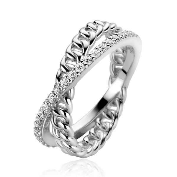 spons attent Verrast ZINZI zilveren luxe ring met cross-over design, bezet met witte zirconia's  en gourmet schakels ZIR2326