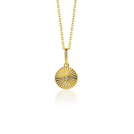 14mm ZINZI Gold 14 krt gouden hanger rond met zonnestralen en witte zirkonia ZGH542 (zonder collier)