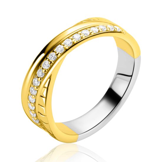 ZINZI goldplated zilveren brede cross-over ring glad witte zirkonia's ZIR2801