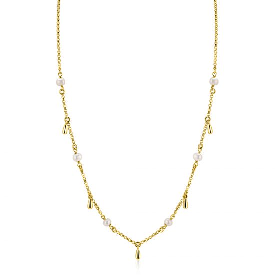 ZINZI gold plated zilveren ketting met witte zoetwaterparels en druppeltjes 42-45cm ZIC2753