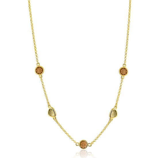 ZINZI gold plated zilveren collier 45cm met speelse vormen, bezet met bruine en olijfgroene kleurstenen ZIC2770
