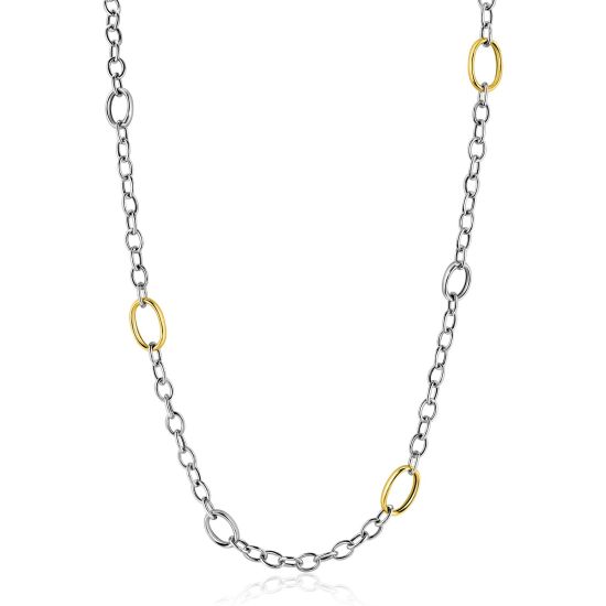 ZINZI bicolor zilveren schakelketting 70cm met drie ovale goldplated schakels ZIC2785