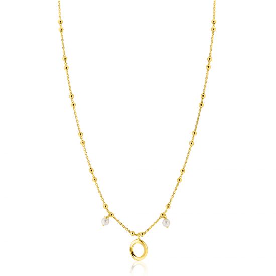 ZINZI gold plated zilveren fantasie ketting met kleine bolletjes, twee bungelende witte pareltjes en organische open vorm in het midden 42-45cm ZIC2405
