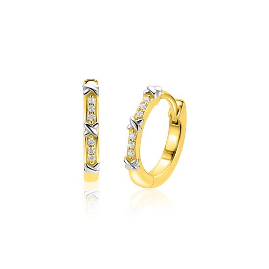 15mm ZINZI goldplated zilveren oorringen met kleine kruisjes tussen de witte zirkonia's, luxe klapsluiting ZIO2814