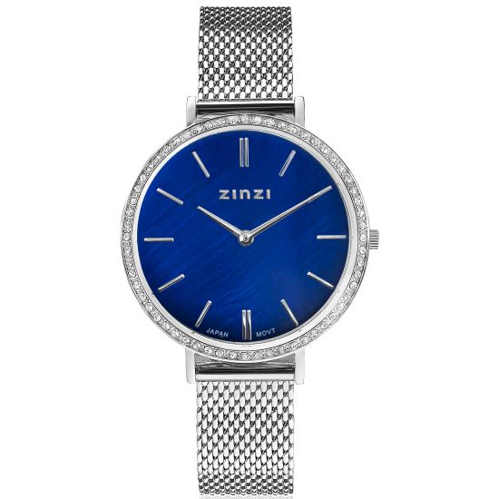 ZINZI horloge GRACE 34mm donkerblauwe parelmoer wijzerplaat, rondom bezet met witte crystals,  stalen kast en band ziw1346
