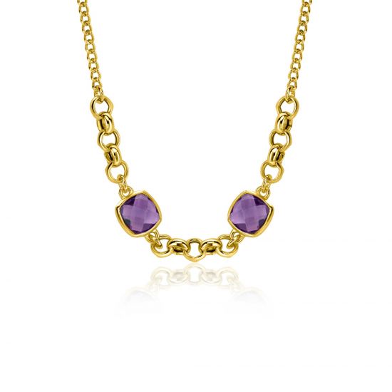 ZINZI gold plated zilveren gourmet schakel ketting met twee vierkante paarse kleurstenen 40-45cm ZIC-BF122