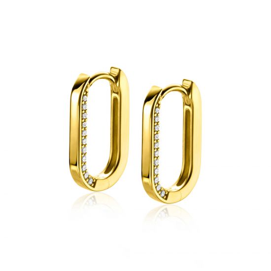 ZINZI gold plated zilveren luxe oorringen ovale vorm 20mm zijkant witte zirconia's ZIO2319Y