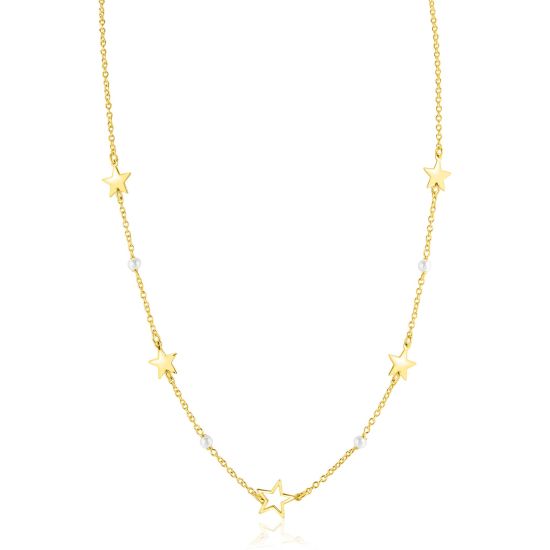 ZINZI goldplated zilveren ketting 45cm met glanzende sterren en witte pareltjes ZIC2780