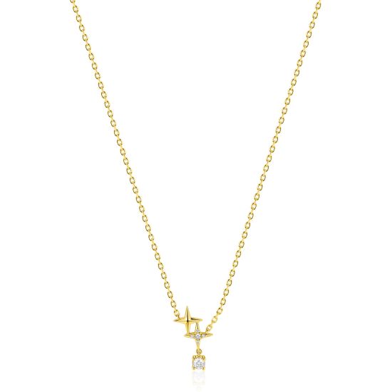 ZINZI goldplated zilveren ketting 45cm 'sterrendans' met twee speelse sterren en bungelende witte zirkonia ZIC2837