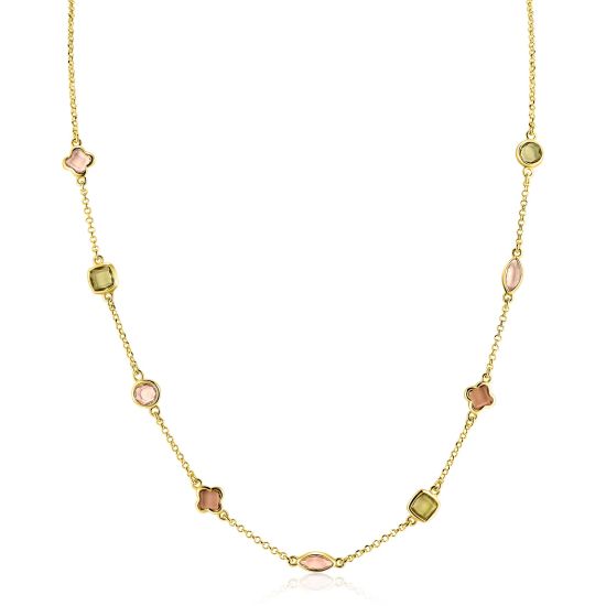 ZINZI gold plated zilveren fantasie collier 45cm met speelse vormen bruin en olijfgroen ZIC2771