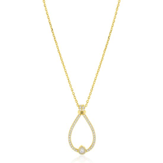 ZINZI goldplated zilveren ketting 45cm met grote sierlijke druppelvormige hanger 35mm met witte zirkonia’s ZIC2815