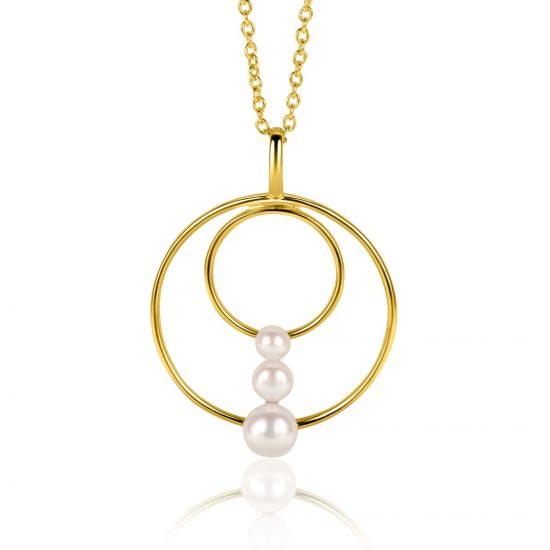 34mm ZINZI gold plated zilveren ronde fantasie hanger bezet met drie ronde witte zoetwaterparels ZIH2616 (zonder collier)