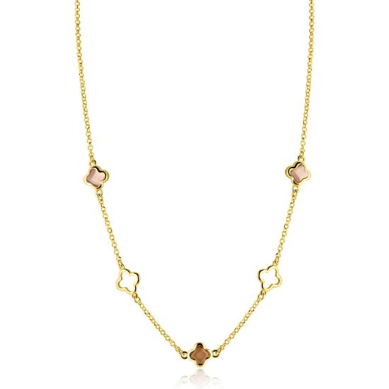 ZINZI gold plated zilveren collier 45cm met drie klavervormige zettingen met bruine kleurstenen ZIC2772