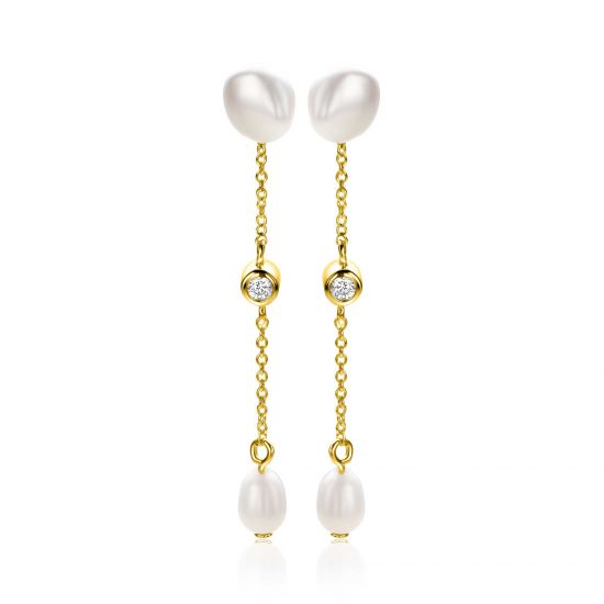 40mm ZINZI gold plated zilveren oorstekers met kettinkje en ovale witte zoetwaterparels ZIO2657