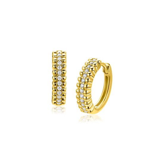 16,5mm ZINZI goldplated zilveren oorringen met speelse structuur en een rij witte zirkonia's in het midden, luxe klapsluiting ZIO2834Y