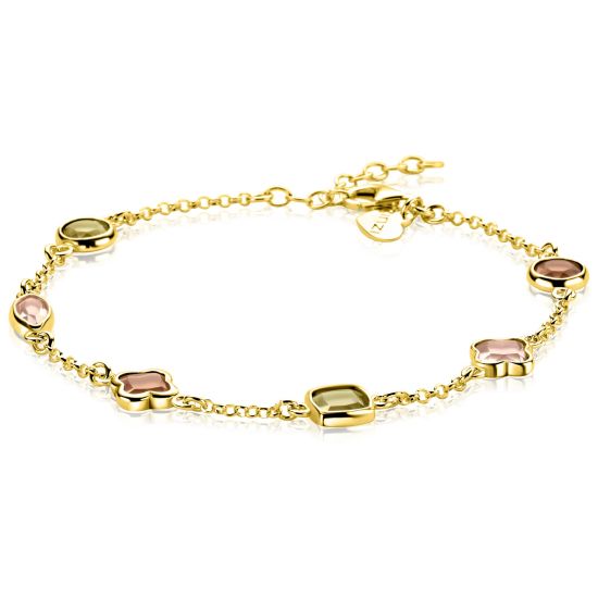 ZINZI gold plated zilveren fantasie armband met speelse vormen bruin en olijfgroen ZIA2771
