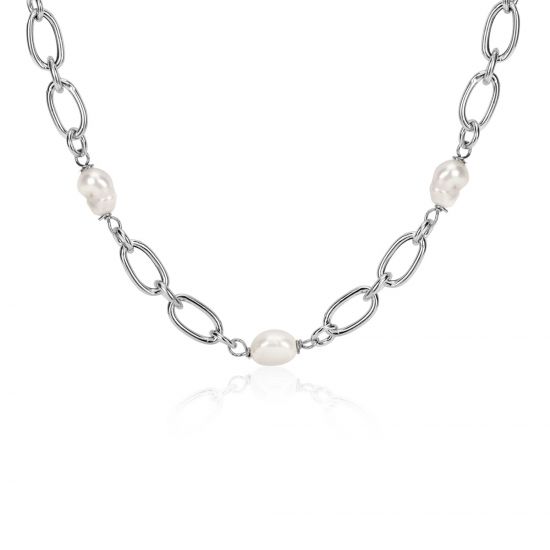 ZINZI zilveren schakel ketting met witte zoetwaterparels 49cm ZIC-BF112