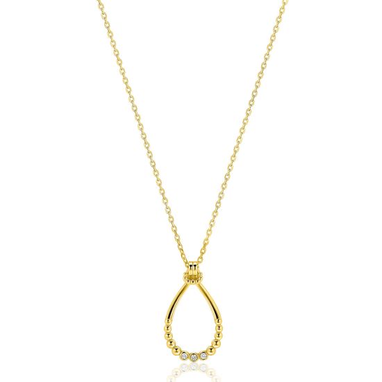 ZINZI goldplated zilveren ketting 45cm met open druppelvormige hanger, met bolletjes en drie witte zirkonia’s ZIC2839Y